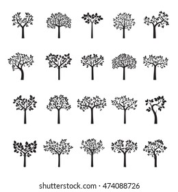 Set black Apple Trees and Leafs. Vector Illustration.