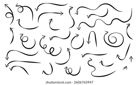 Set of black arrow with curve shape. hand drawn arrow lines. curved and straight arrow icon vector. black arrow sign