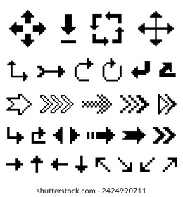 Set of black arrow directions pixel art 8 bit style