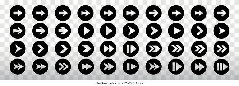 Set of black arrow icons in circles. Includes various arrow styles like left, right, forward, and backward. Perfect for navigation and design projects. Element vector set.