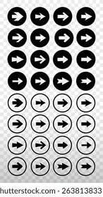 Set of black arrow icons in circles, pointing in various directions. Includes filled and outlined styles. Arrow icons for navigation and design use. Element vector set.