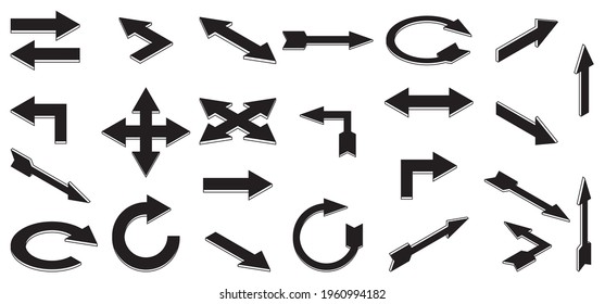 A set of black arrow icons in different angles.Different arrows showing different directions are made in 3d style.Can be used in design elements.Isometric vector illustration. svg