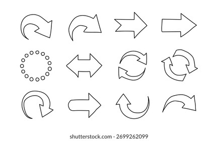 Set of black arrow icons in different styles, curved, straight, dotted, circular rotation, reload icon, refresh, vector illustration on clean white background.