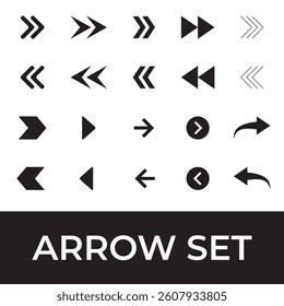Set of black arrow icons and flat symbols for packaging, direction, control buttons, and modern UI elements