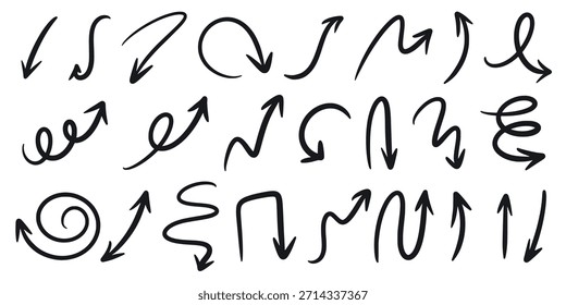 Conjunto de iconos de flecha negra. Punteros dibujados a mano, dirección, cursor, ascenso y movimiento. Ondulado caprichoso, girando, líneas espirales, Vector gráfico