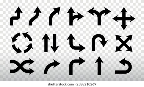 Set of black arrow icons. Includes curved, straight, and circular arrows. Ideal for navigation, direction, and interface design. Element vector set.