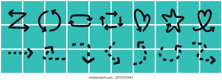 Set of black arrow icons on a teal grid. Includes zigzag, circular, and heart-shaped arrows. Dotted and solid arrows for diverse design needs. Element vector set.