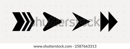 Set of black arrow icons on a dotted background. Arrows in various styles, pointing right. Bold black arrows for navigation or direction. Graphic element set. Vectors.