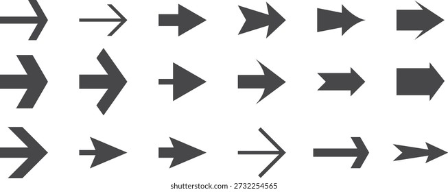 Set of black arrow icons pointing right on a white background. Clean directional symbols show navigation, movement, and progression. Ideal for interfaces, signage, and infographic design.