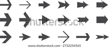 Set of black arrow icons pointing right on a white background. Clean directional symbols show navigation, movement, and progression. Ideal for interfaces, signage, and infographic design.