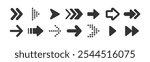 Set of black arrow icons. Various packaging symbols. Motion pointers. Site and player control buttons. Flat style logos. Information pointers. Wayfinding directions. Modern simple vector arrows.