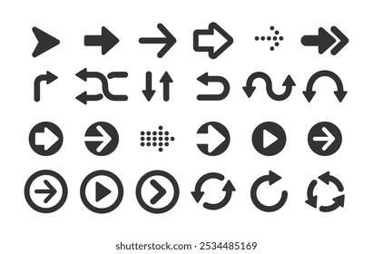 Set of black arrow icons. Various packaging symbols. Motion pointers. Site and player control buttons. Flat style logos. Information pointers. Wayfinding directions. Modern simple vector arrows.