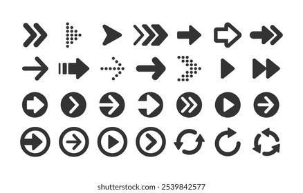 Set of black arrow icons. Various packaging symbols. Motion pointers. Site and player control buttons. Flat style logos. Information pointers. Wayfinding directions. Modern simple vector arrows.