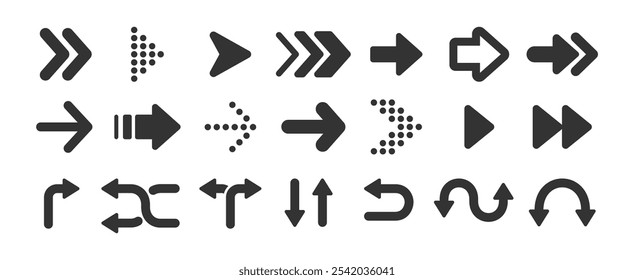 Conjunto de ícones de seta preta. Vários símbolos de embalagem. Ponteiros de movimento. Botões de controle de site e player. Logotipos de estilo plano. Ponteiros de informações. Direções de posicionamento. Setas vetoriais simples modernas.