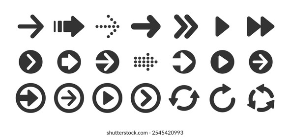 Conjunto de iconos de flecha negra. Varios símbolos de embalaje. Punteros de movimiento. Botones de control del sitio y del jugador. Logos de estilo plano. Punteros de información. Orientaciones para encontrar el camino. Modernas flechas de Vector simples.