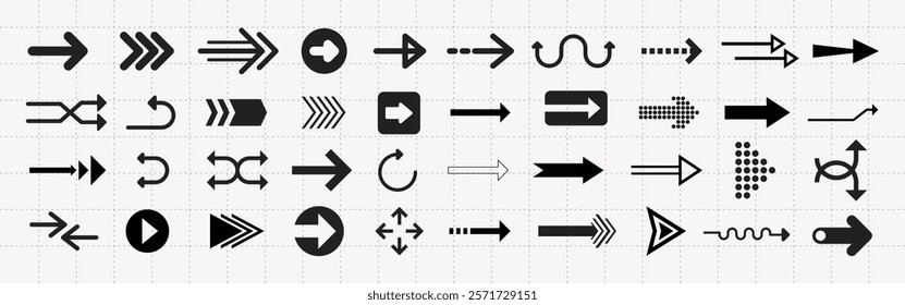 Set of black arrow icons in various styles, including curved, straight, and zigzag arrows. Diverse arrow designs for navigation and direction purposes. Element vector set.