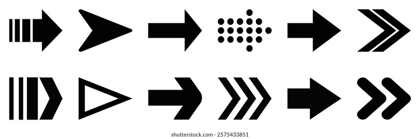 Set of black arrow icons. Various packaging symbols. Motion pointers. Site and player control buttons. Flat style logos. Information pointers. Wayfinding directions. Modern simple vector arrows