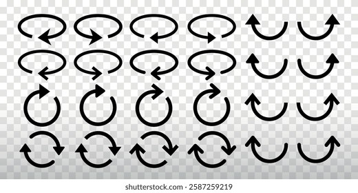 Set of black arrow icons. Various circular and curved arrow designs. Perfect for navigation, direction, and rotation themes. Element vector set.