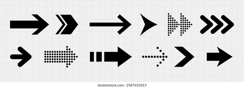 Set of black arrow icons in various styles on a grid background. Includes dotted and solid arrows, each pointing right. Arrows in different designs. Element vector set.