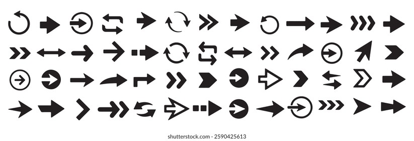 Set of black arrow icons. Various packaging symbols. Motion pointers. Site and player control buttons. Flat style logos. Information pointers. Wayfinding directions. Modern simple vector arrows.