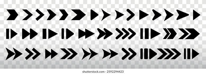 Set of black arrow icons in various styles. Arrows pointing right, diverse arrow shapes, bold arrow designs. Perfect for navigation, direction, and design projects. Element vector set.