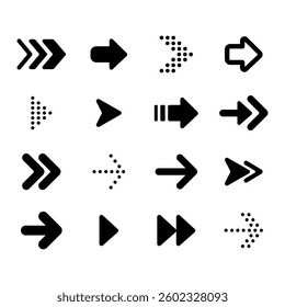Set of black arrow icons. Various packaging symbols. Motion pointers. Site and player control buttons. Flat style logos. Information pointers. Wayfinding directions. Modern simple vector arrows.
