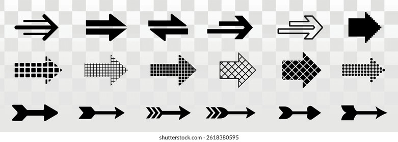 Set of black arrow icons in various styles on a transparent background. Arrows pointing in different directions, with diverse designs and patterns. Arrow icon vector set.
