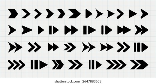 Set of black arrow icons in various styles on a grid background. Arrows in different shapes and directions. Arrow icons for design use. Element vector set.