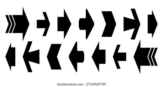 Conjunto de ícones de seta preta. Vários símbolos de embalagem. Ponteiros de movimento. Botões de controle de site e player. Logotipos de estilo plano. Ponteiros de informações. Direções de posicionamento. Setas vetoriais simples modernas.