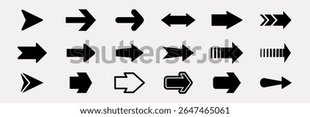 Set of black arrow icons in various circular designs. Arrows pointing right in circles, rectangles, and outlined shapes. Bold arrow symbols for navigation. Arrow icon vector set.
