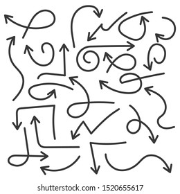 Set of black arrow signs. Flat arrows of various shapes. Vector.