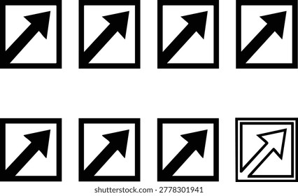 Set of black arrow in square frames, various styles arrows upward