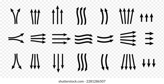 Set of black arrows. Airflow direction. The flow of the wind.
Wavy pointers in provo, up, down.
Vector illustration.
