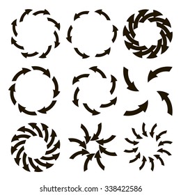 Set of black arrows arranged in a circle on a white background