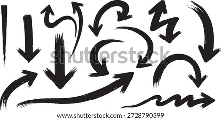 A set of black arrows with brush strokes pointing up, down, left, right, and curved in different directions on a white background