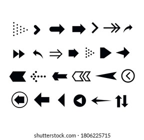 Set of black arrows. Collection of different styles. Vector illustration.