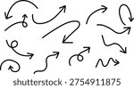 A set of black arrows with different shapes and orientations scattered across a plain white surface