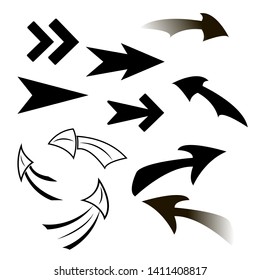 Set of black arrows of different shapes. Website design, web pages, infographics. Vector illustration isolated on white background.