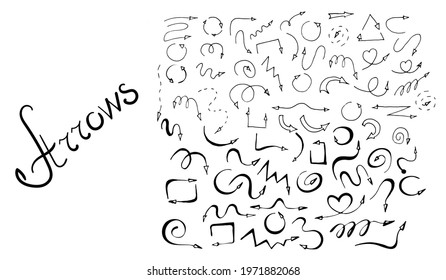 set of black arrows drawn by hand, isolated on a white background. vector EPS