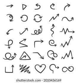 Set of black arrows hand-drawn on white background. doodle style Editable stroke. vector illustration.