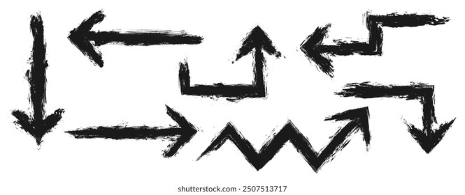 Set of black arrows icons with brush strokes styles. Grainy, grungy, dusty, rusty, or dirty textured symbol. Straight and zigzag sign. Hand drawn graffiti elements for undo, redo, up, or down process