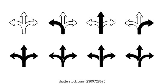 Set of black arrows icons. Curves pointer, turn to the side. Direction right left down up.Geometric abstract arrows of different shapes. Movement orientation. vector illustration.
