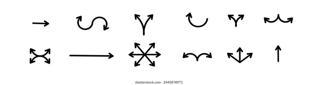 Set of black arrows icons. Curves pointer, turn to the side. Direction right left down up.Geometric abstract arrows of different shapes. Movement orientation. Vector illustration.	