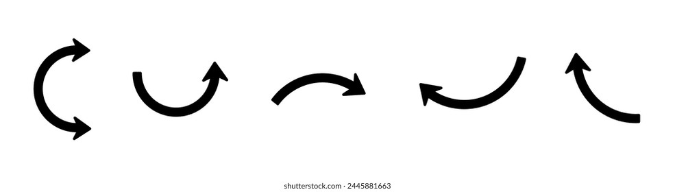 Set of black arrows icons. Curves pointer, turn to the side. Direction right left down up.Geometric abstract arrows of different shapes. Movement orientation. Vector illustration.	