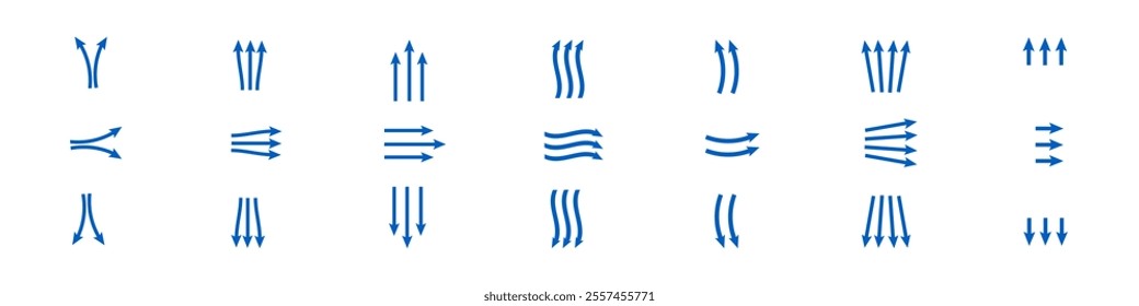 Set of black arrows icons. Curves pointer, turn to the side. Direction right left down up.Geometric abstract arrows of different shapes. Movement orientation. Vector illustration.	