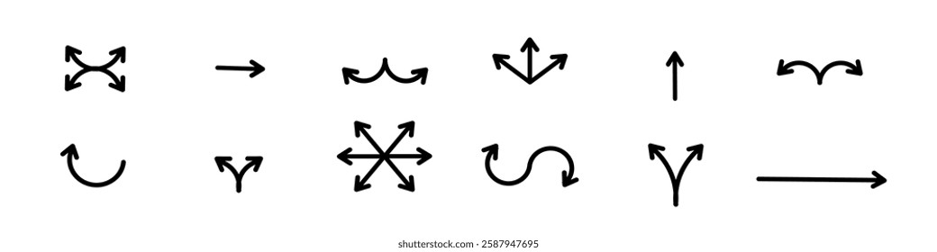 Set of black arrows icons. Curves pointer, turn to the side. Direction right left down up.Geometric abstract arrows of different shapes. Movement orientation. Vector illustration.	