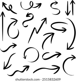 Conjunto de iconos de flechas negras. Colección de iconos de vector de flecha dibujada a mano. Diseño de flecha de boceto Doodle para Plan de negocios y educación.