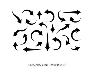 Set of black arrows icons.Movement orientation. Curve indicator, sideways rotation. Direction right left down up. Geometric abstract arrows of various shapes. Vector illustration.
