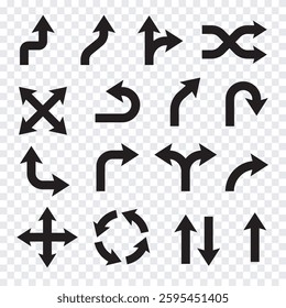 Set of black arrows. Includes curved, straight, and circular arrows. Arrows for navigation and direction