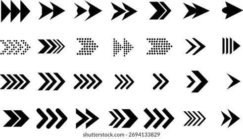 Conjunto de flechas negras. Modernas flechas simples. Flecha negra que apunta a la derecha. Puntero de dirección negro. Ilustración vectorial	